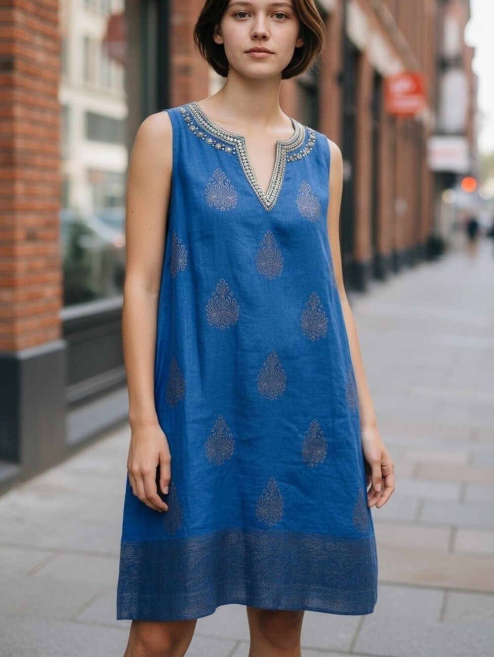 Soft Surroundings Linen Tunic Dress Blue With Gold Embroidered V Neck Size 1X